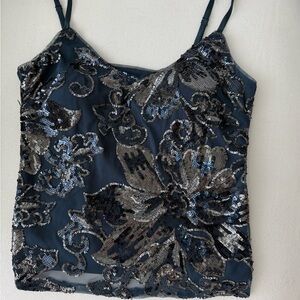 White House Black Market Elegant Sequin Floral Cami Top - Blue and Silver   Xs